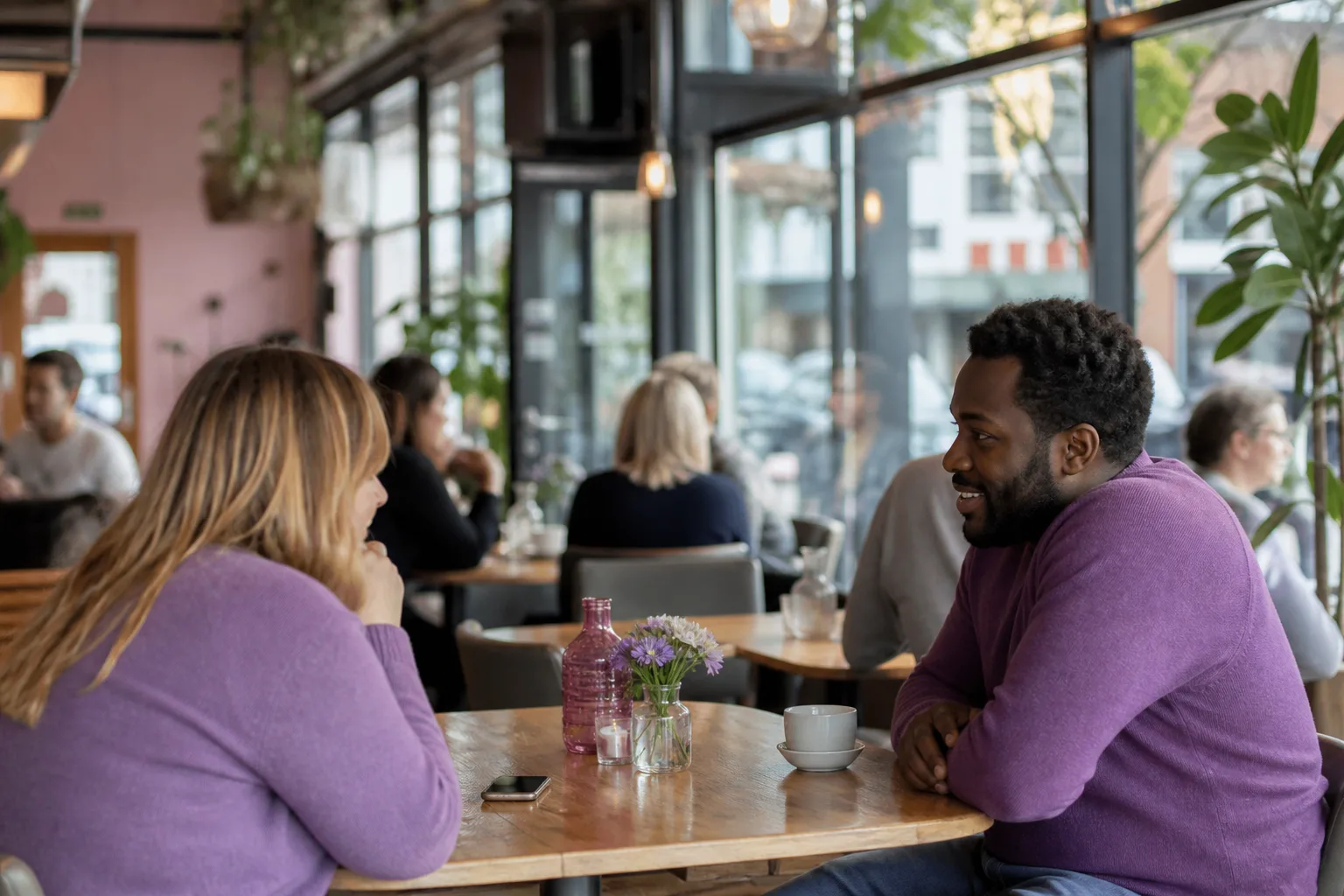 Two people enjoying a relaxed conversation at a Norwich speed dating event