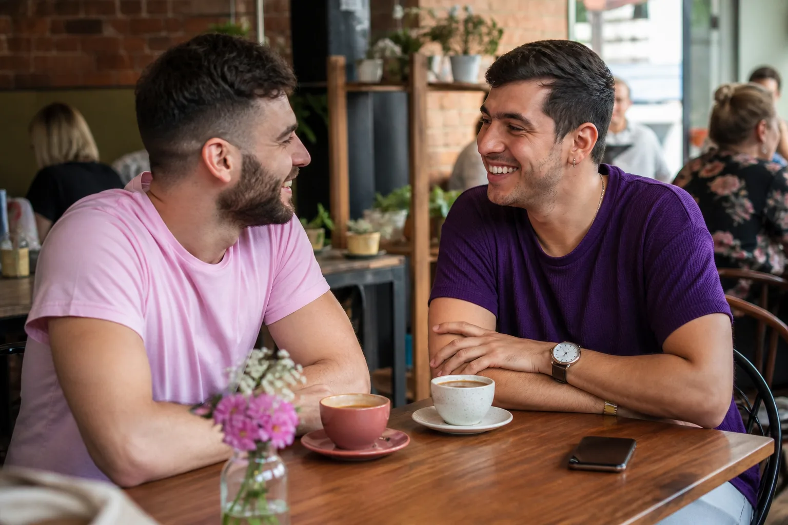 Two men talking over coffee in King's Lynn town centre