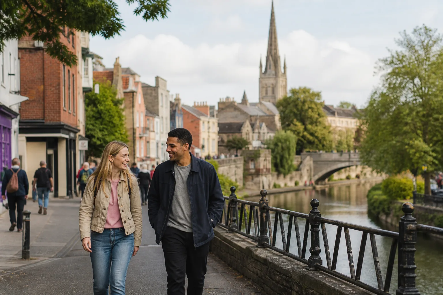 Two people talking over coffee in central Norwich