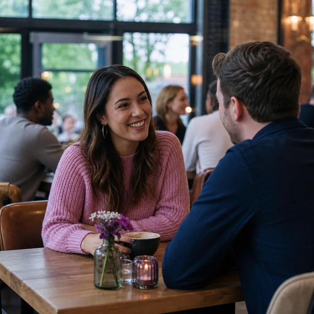 Two Norwich singles chatting over coffee in a busy public café