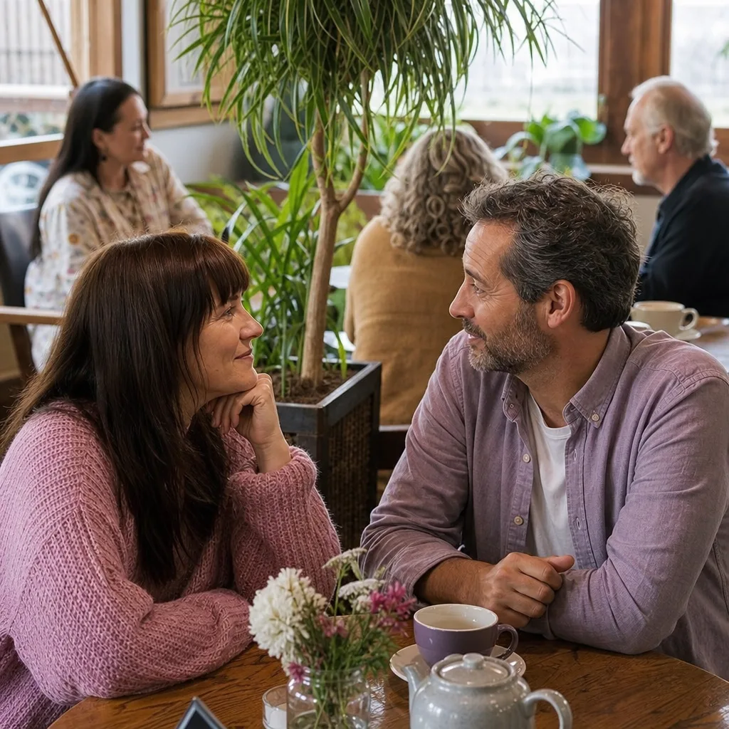Two adults meeting in a public area of Eaton Park, Norwich
