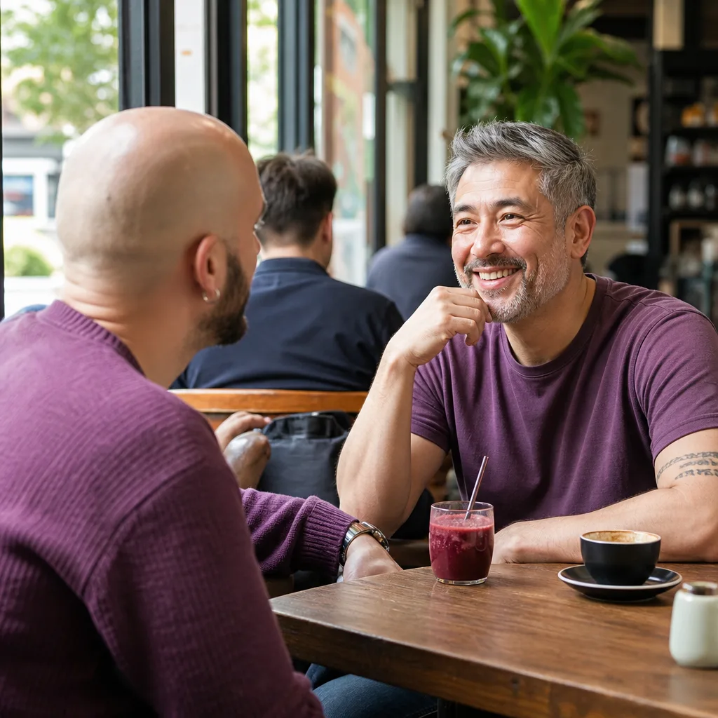Two men meeting in daylight outside The Forum in Norwich