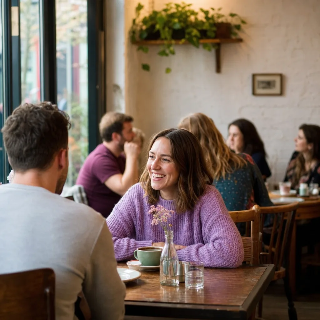 Two adults meeting at a busy café in Norwich city centre